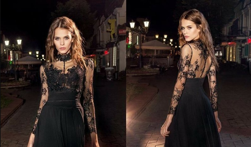 صور فساتين سهرة طويلة فخمة دانتيل بأكمام